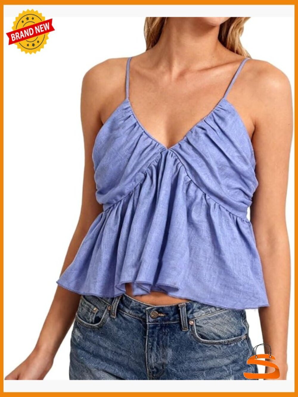 100% Linen V Neck Sleeveless Spaghetti Strap Peplum Cami Top